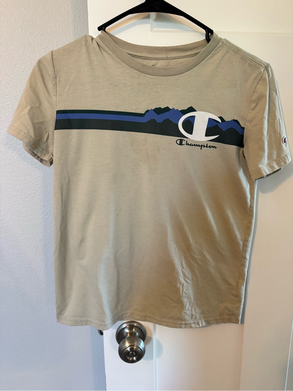Champion Tan Tee with Blue & Dark Green Chest Stripes